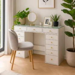 Coiffeuse moderne avec 13 tiroirs et plateau en verre transparent L120cm Probeauty Blanc