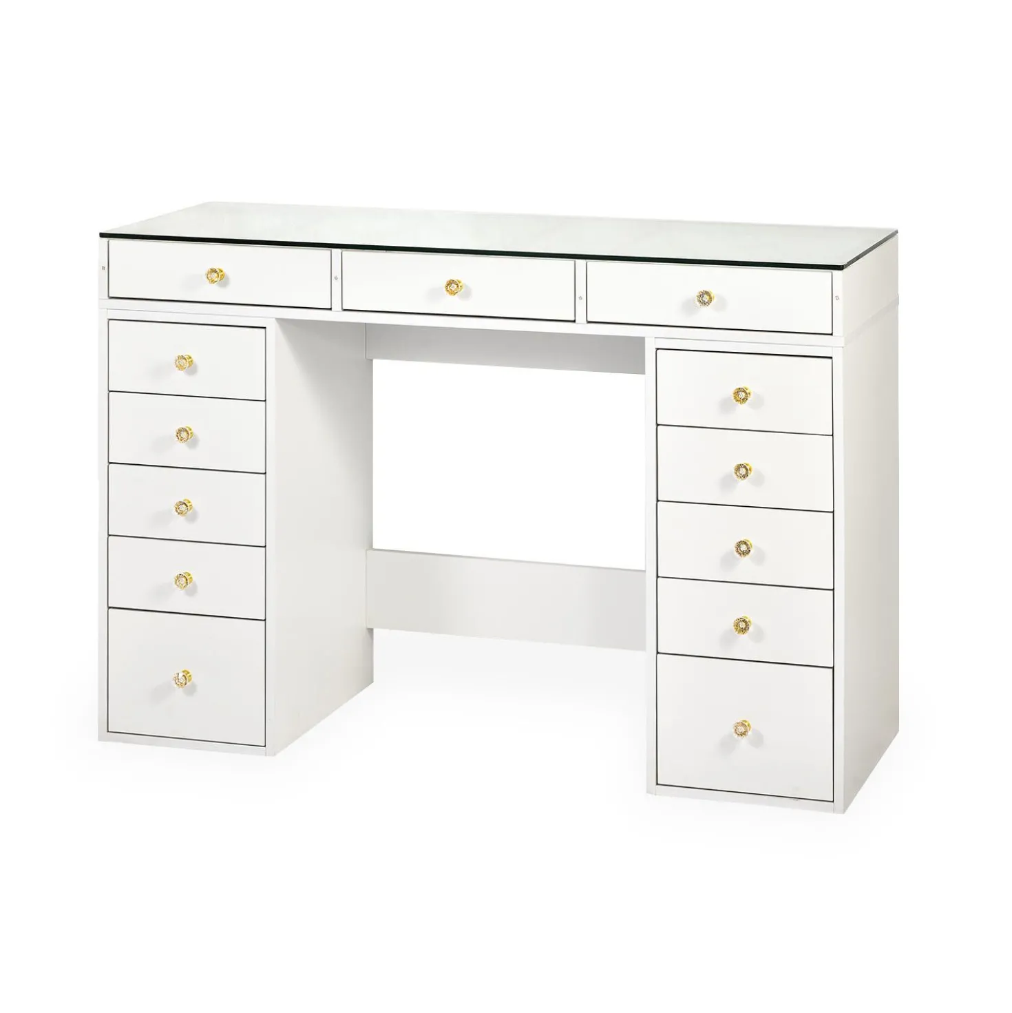 Coiffeuse moderne avec 13 tiroirs et plateau en verre transparent L120cm Probeauty Blanc