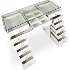 Coiffeuse moderne avec 13 tiroirs et plateau en verre transparent L120cm Probeauty Blanc