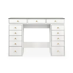 Coiffeuse moderne avec 13 tiroirs et plateau en verre transparent L120cm Probeauty Blanc
