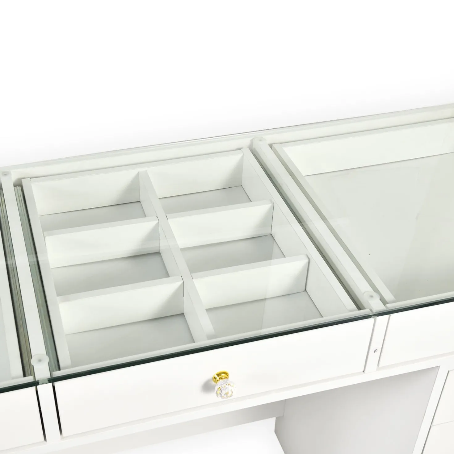 Coiffeuse moderne avec 13 tiroirs et plateau en verre transparent L120cm Probeauty Blanc