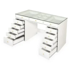 Coiffeuse moderne avec 13 tiroirs et plateau en verre transparent L120cm Probeauty Blanc