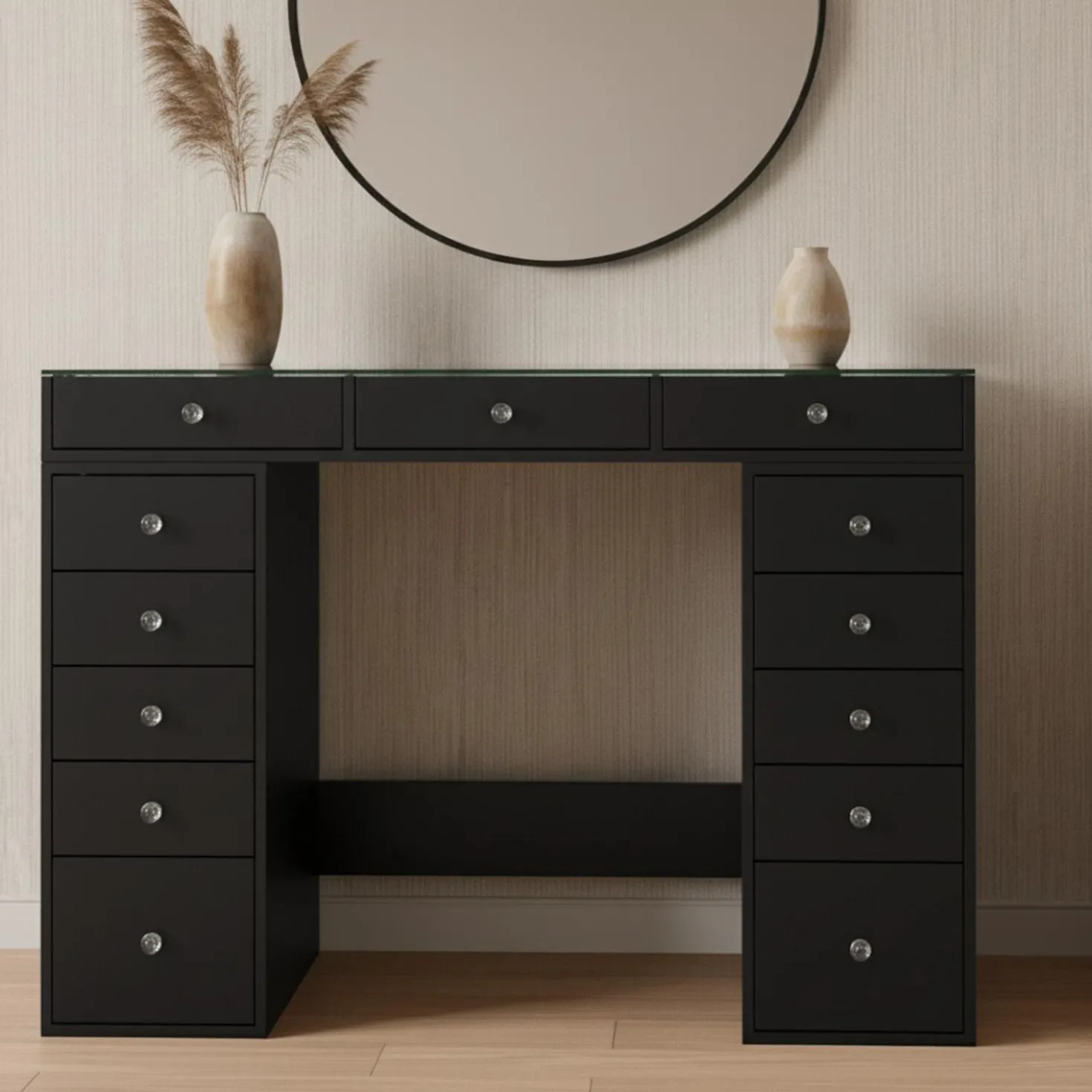 Coiffeuse moderne avec 13 tiroirs et plateau en verre transparent L120cm Probeauty Noir