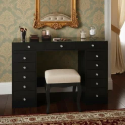 Coiffeuse moderne avec 13 tiroirs et plateau en verre transparent L120cm Probeauty Noir