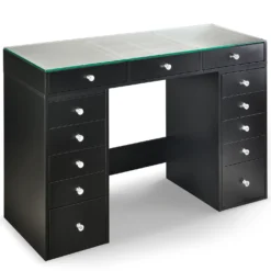 Coiffeuse moderne avec 13 tiroirs et plateau en verre transparent L120cm Probeauty Noir