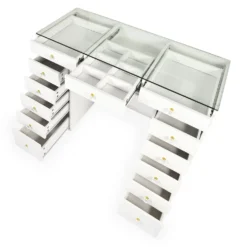 Coiffeuse moderne 13 tiroirs avec miroir lumineux et plateau en verre L120cm Probeauty Blanc
