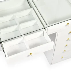 Coiffeuse moderne 13 tiroirs avec miroir lumineux et plateau en verre L120cm Probeauty Blanc