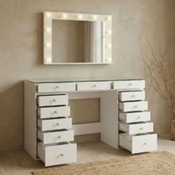Coiffeuse moderne 13 tiroirs avec miroir lumineux et plateau en verre L120cm Probeauty Blanc