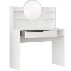 Coiffeuse à tiroir L100cm avec étagères et miroir rond Onara Blanc