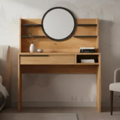 Coiffeuse à tiroir L100cm avec étagères et miroir rond Onara Bois et Gris