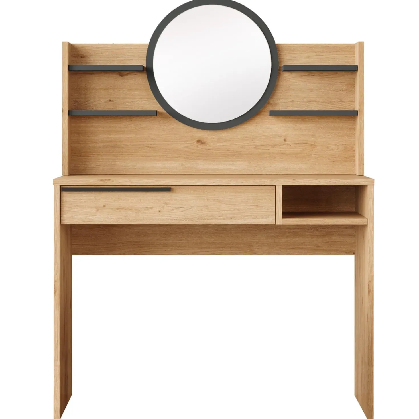 Coiffeuse à tiroir L100cm avec étagères et miroir rond Onara Bois et Gris