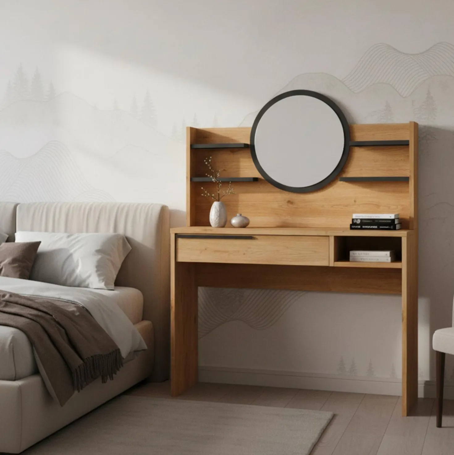 Coiffeuse à tiroir L100cm avec étagères et miroir rond Onara Bois et Gris