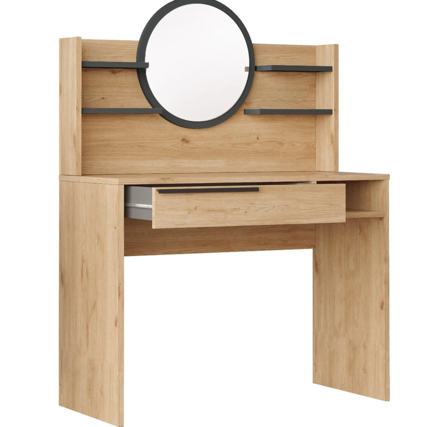 Coiffeuse à tiroir L100cm avec étagères et miroir rond Onara Bois et Gris