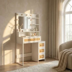 Coiffeuse 4 tiroirs et miroir LED 3 couleurs Miraclas L92cm Bois Blanc et Rotin