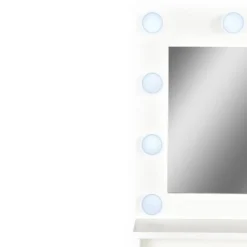 Coiffeuse 4 tiroirs et miroir LED 3 couleurs Miraclas L92cm Bois Blanc et Rotin