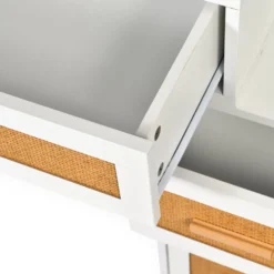 Coiffeuse 4 tiroirs et miroir LED 3 couleurs Miraclas L92cm Bois Blanc et Rotin