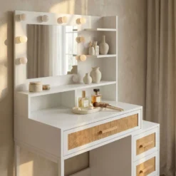 Coiffeuse 4 tiroirs et miroir LED 3 couleurs Miraclas L92cm Bois Blanc et Rotin