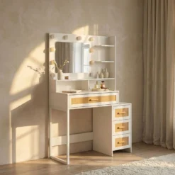 Coiffeuse 4 tiroirs et miroir LED 3 couleurs Miraclas L92cm Bois Blanc et Rotin