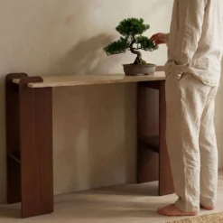 Console au design Art Déco Cezanne 40x120cm Effet travertin Beige et Bois foncé
