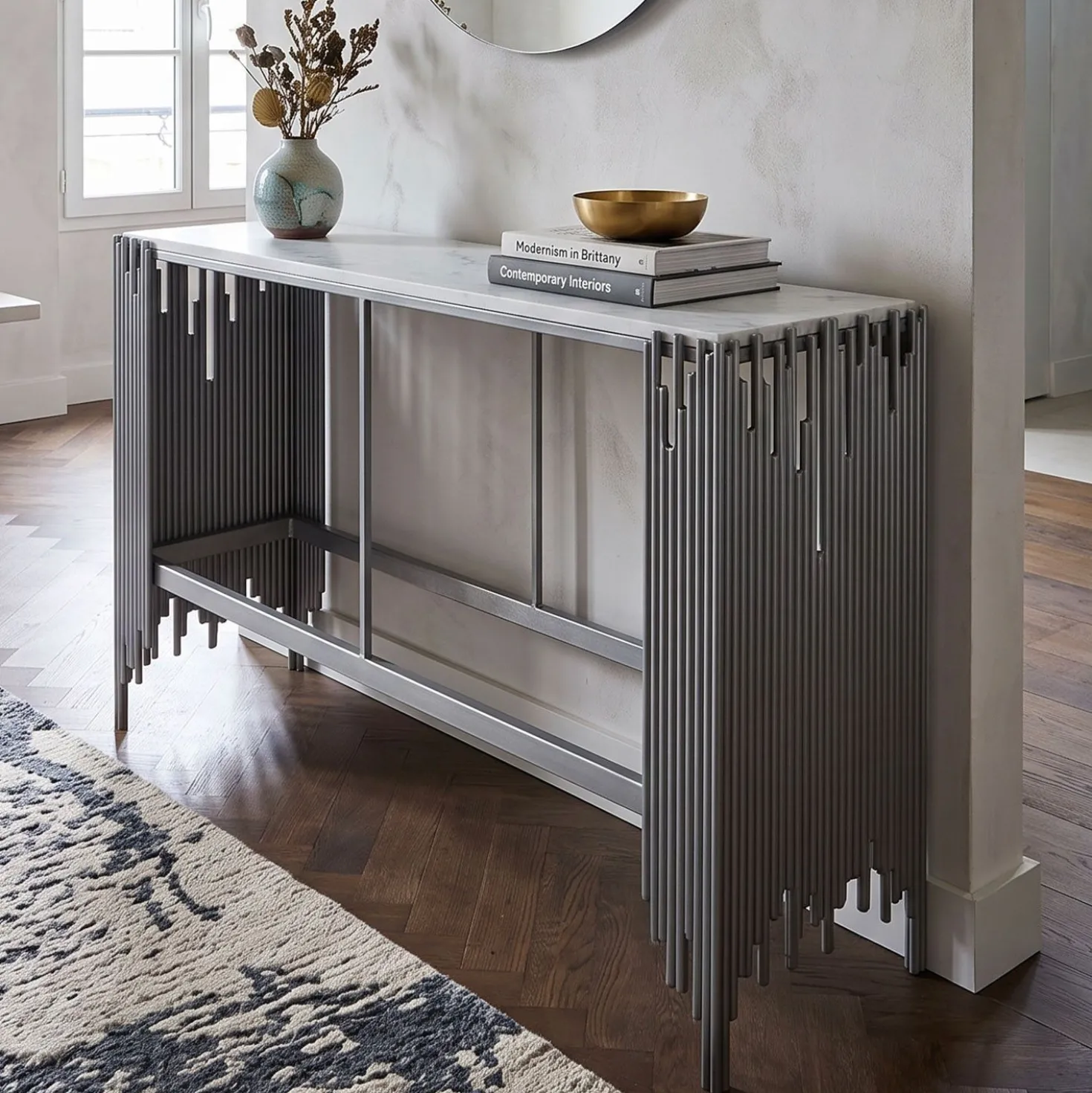 Console design Falbala Marbre Blanc et Métal Argent