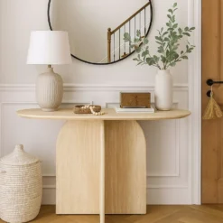 Console moderne ovale 120cm Calyptus Effet travertin Beige