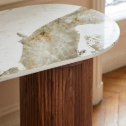 Console moderne pieds colonnes 40x120cm Eglantine Bois et Céramique Effet marbre Blanc