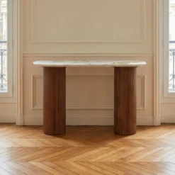 Console moderne pieds colonnes 40x120cm Eglantine Bois et Céramique Effet marbre Blanc