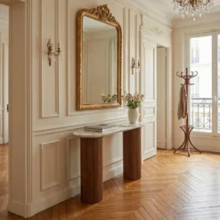 Console moderne pieds colonnes 40x120cm Eglantine Bois et Céramique Effet marbre Blanc