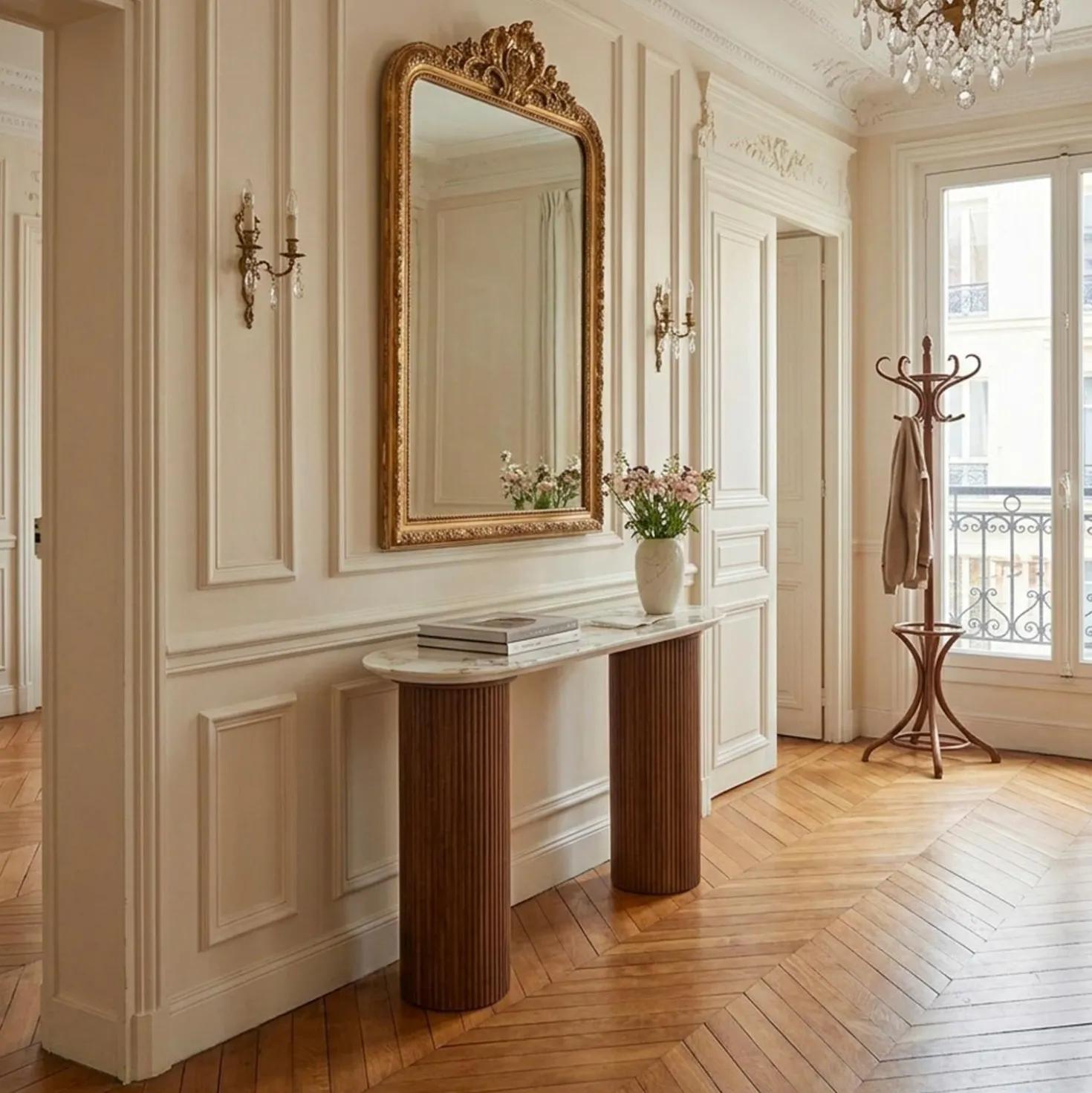 Console moderne pieds colonnes 40x120cm Eglantine Bois et Céramique Effet marbre Blanc