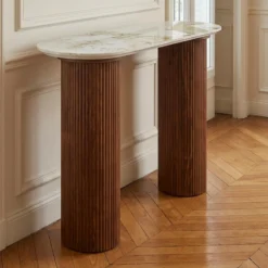 Console moderne pieds colonnes 40x120cm Eglantine Bois et Céramique Effet marbre Blanc