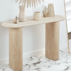 Console moderne 40x120cm avec pieds style colonnes Gwendoline Effet travertin Beige