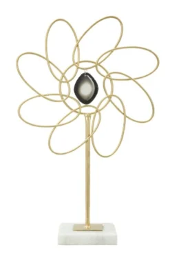 Décoration fleur en métal Marguerite base marbre doré