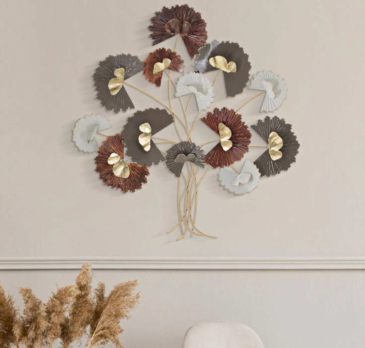 Décoration murale 3D en fer branches avec feuilles multicolores