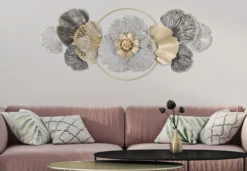 Décoration murale 3D en métal feuilles et fleurs or / argent