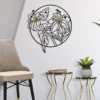 Décoration murale 3D fleurs cadre circulaire Fer Noir finitions dorées