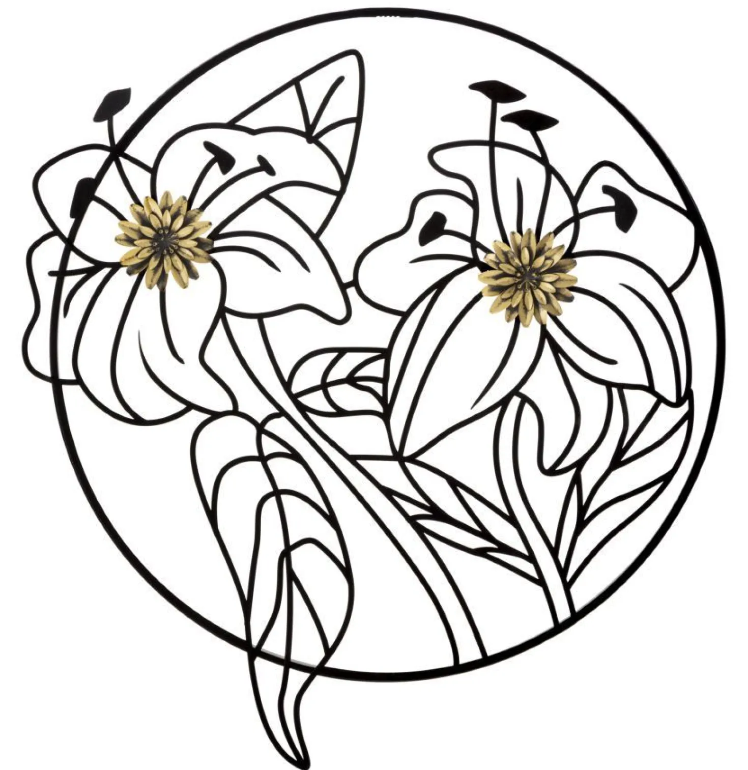Décoration murale 3D fleurs cadre circulaire Fer Noir finitions dorées