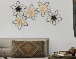 Décoration murale 3D fleurs métal Noir et Raphia Naturel