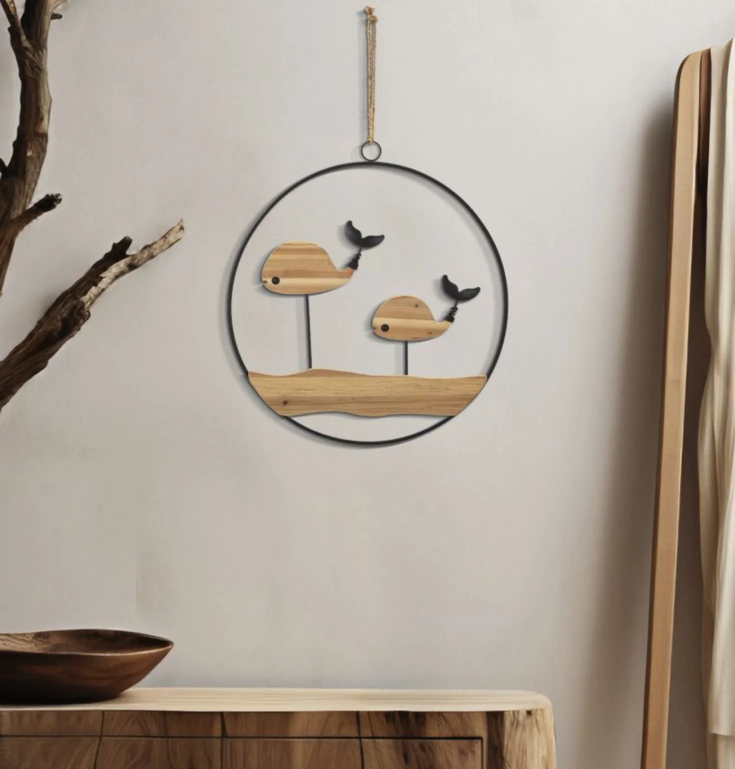 Décoration murale 3D ronde Baleines métal et bois massif