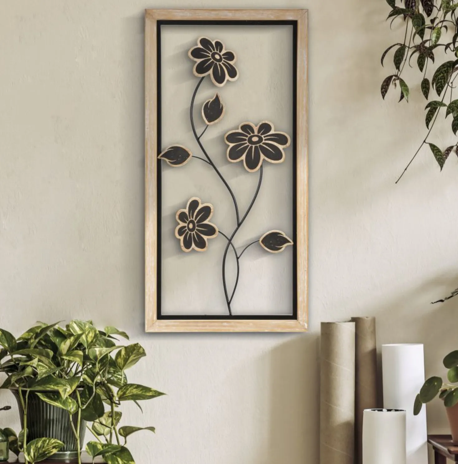 Décoration murale fleurs Girish Métal Noir et Bois Marron