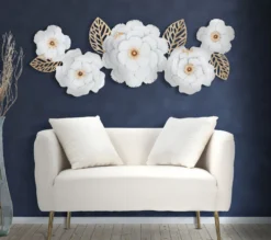 Décoration murale métal 3D fleurs et feuilles Blanc Or