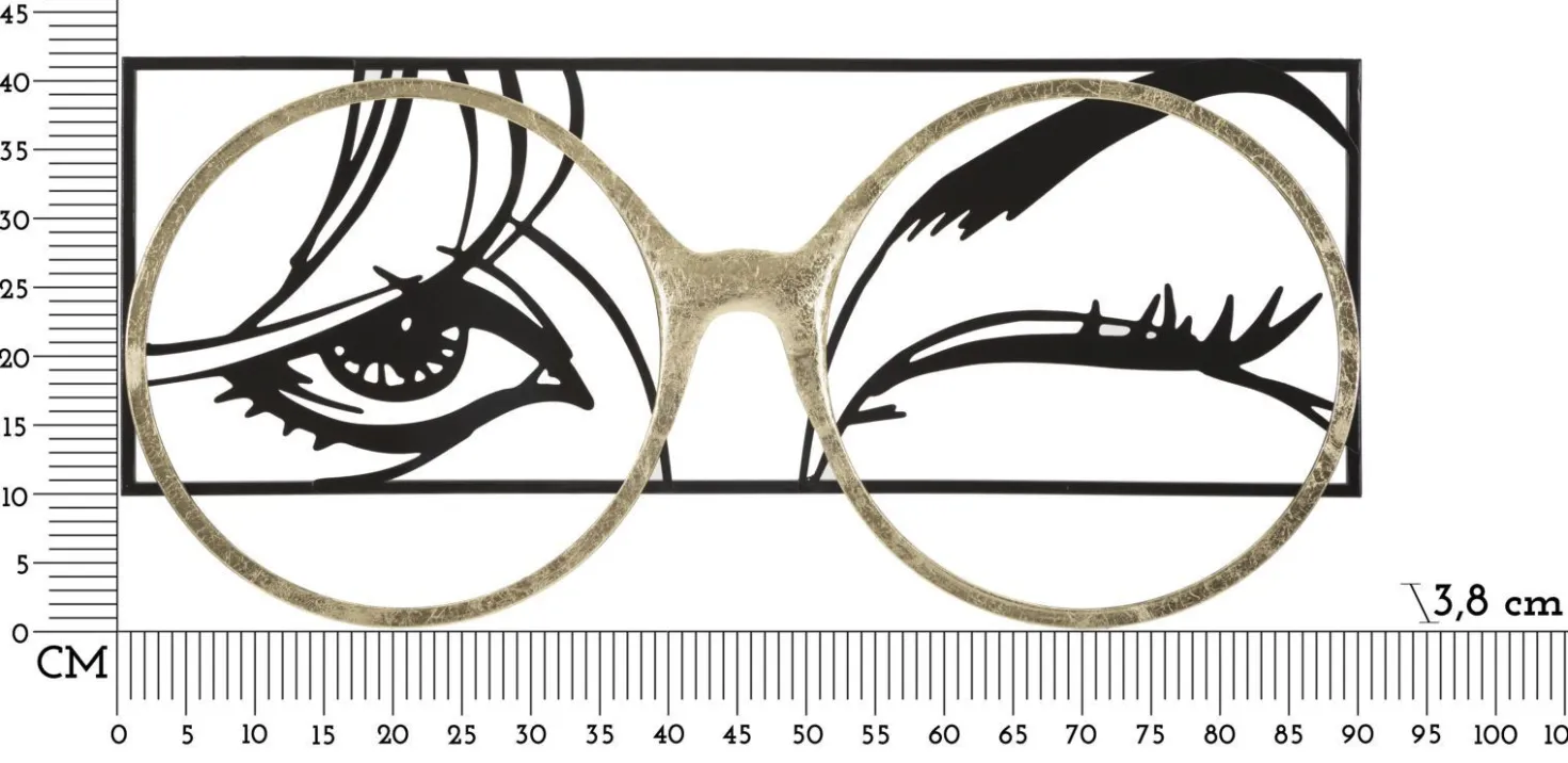 Décoration murale métal noir visage lunettes métal doré