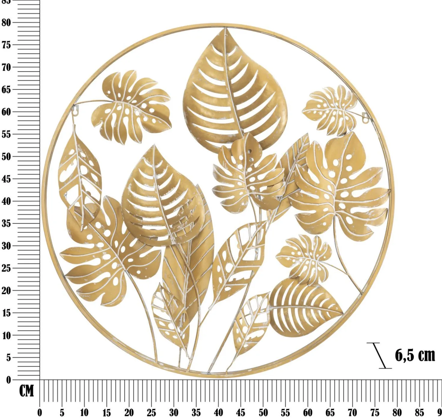 Décor mural rond 3D en métal doré avec feuilles