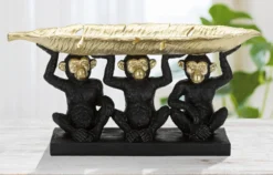 Décor Singe Tris Polyrésine Noir et Feuille de Palmier Dorée