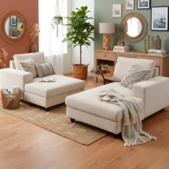 Duo de méridiennes Fabien combinables en canapé profond Velours côtelé Crème