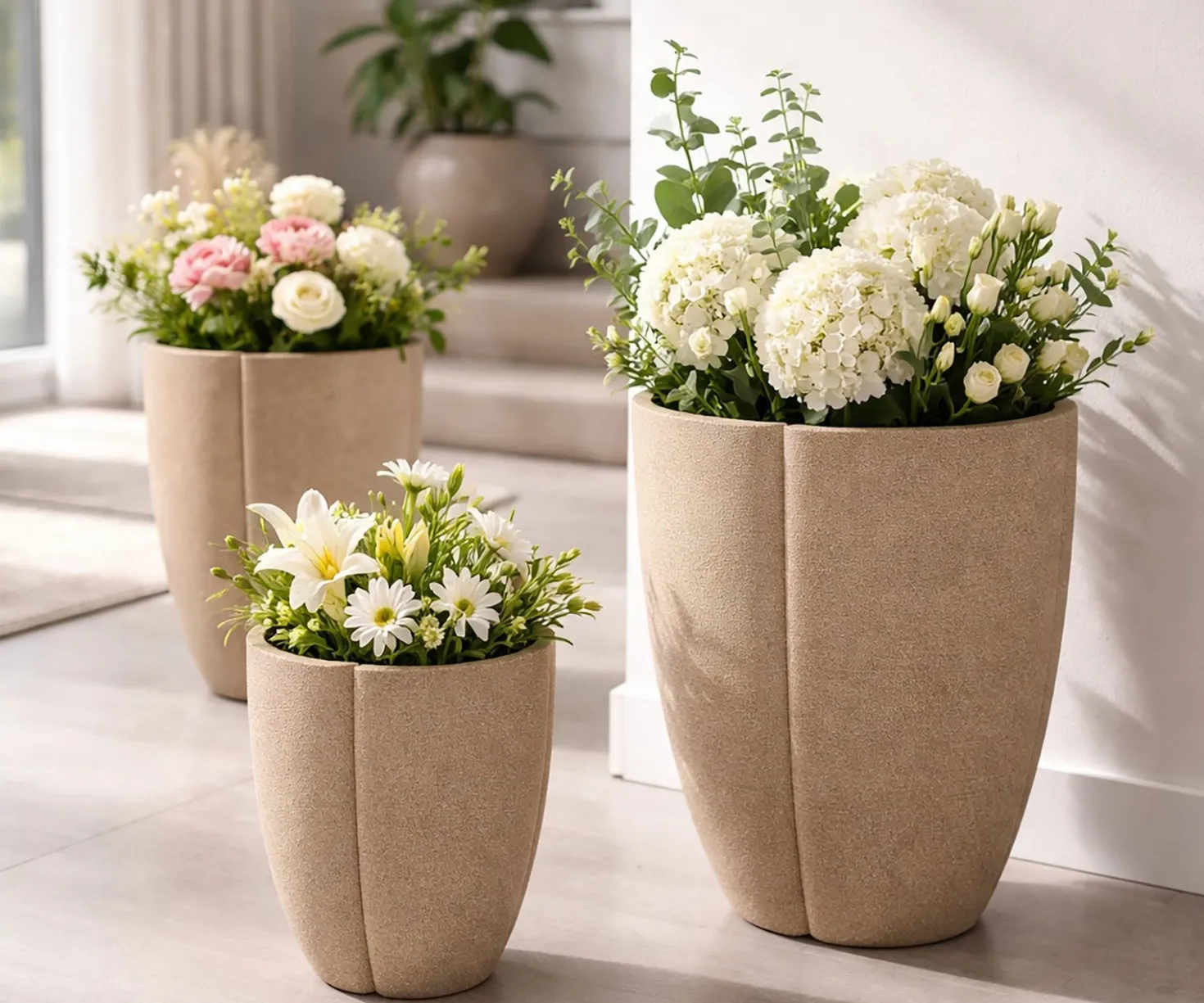 Ensemble de cache-pots extérieur texturé Peru 3 pcs couleur Naturel