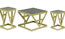 Ensemble de 3 tables d'appoint Amstra en Verre fumé et Métal Or