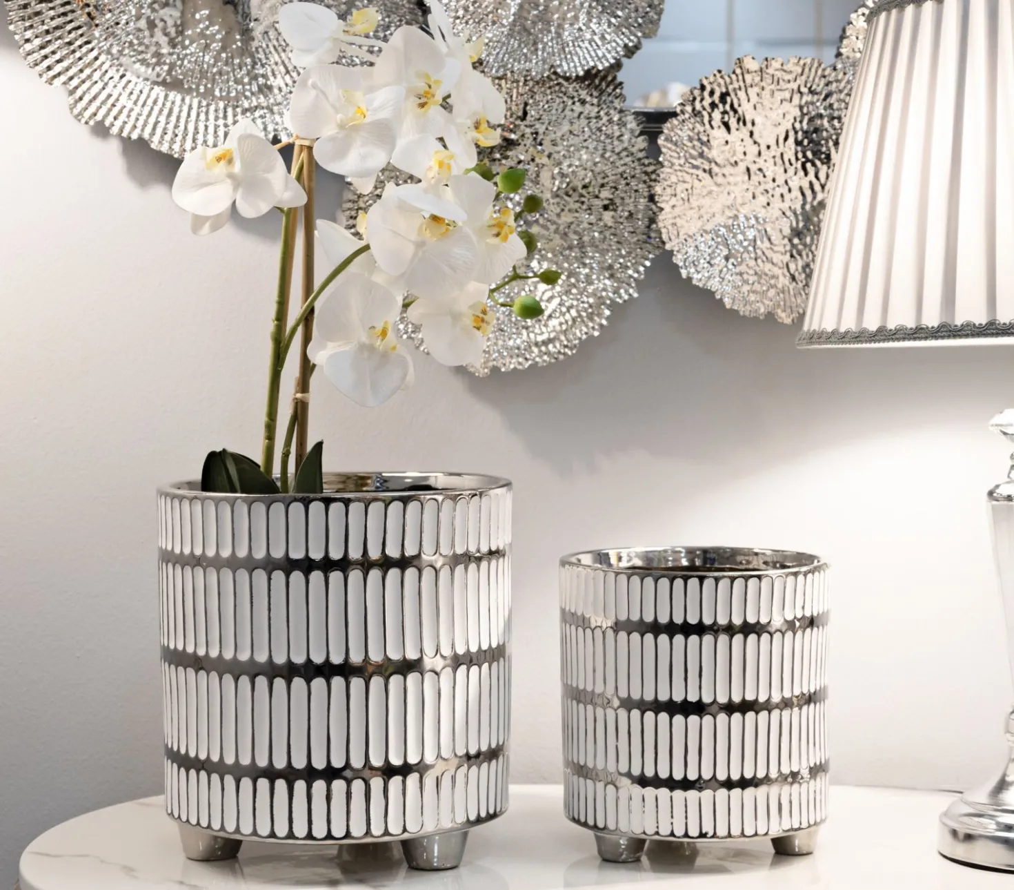 Ensemble de vases en céramique décorés Argenté et Blanc