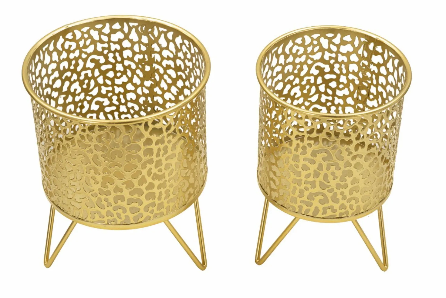Ensemble de 2 vases porte-épingle métal doré décoré de sculptures irrégulières
