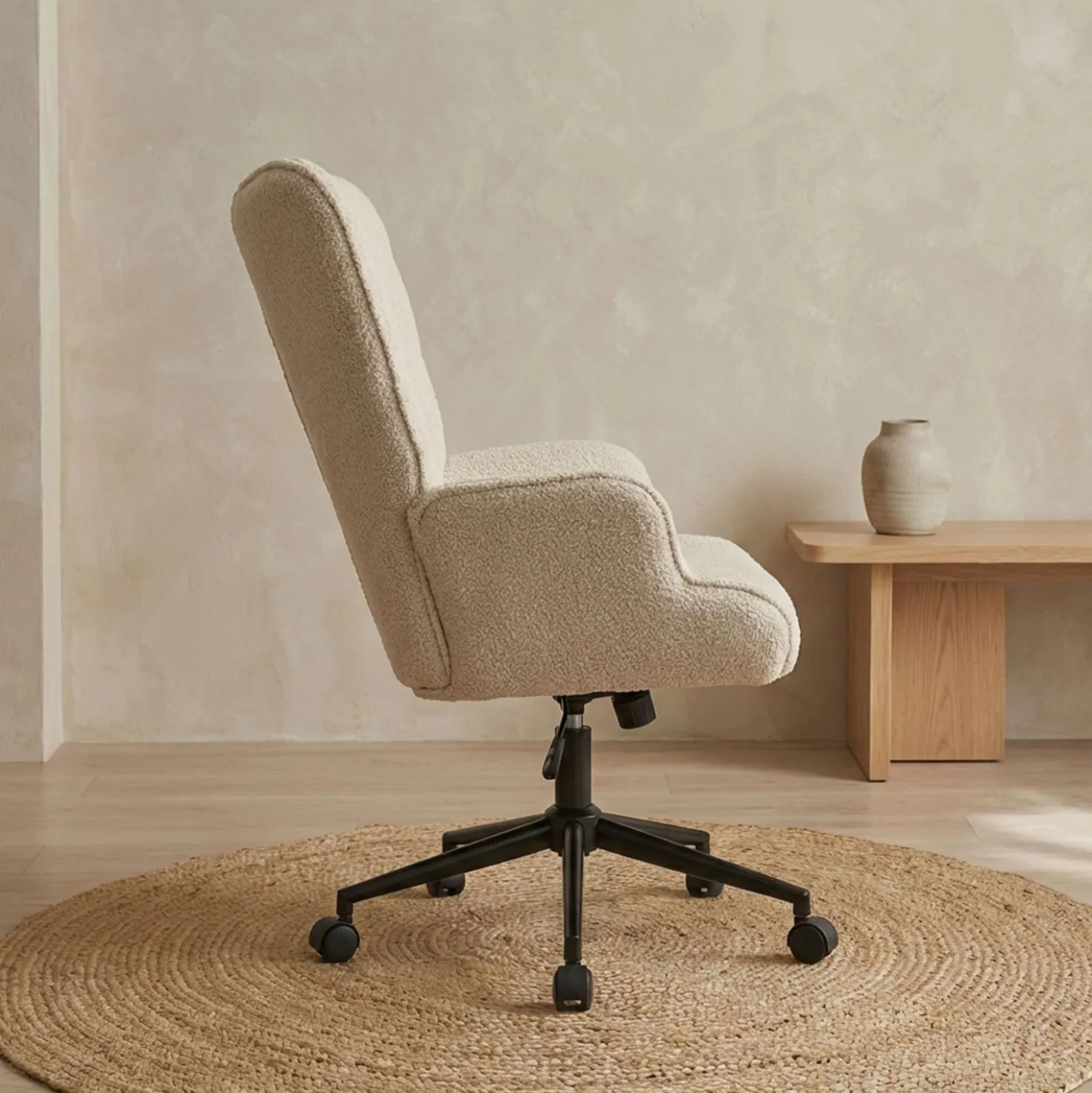 Fauteuil de bureau moderne à haut dossier Florelo Tissu bouclette Beige