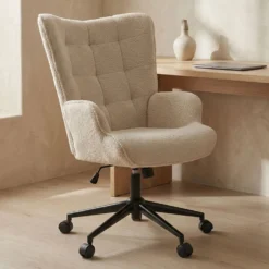 Fauteuil de bureau moderne à haut dossier Florelo Tissu bouclette Beige